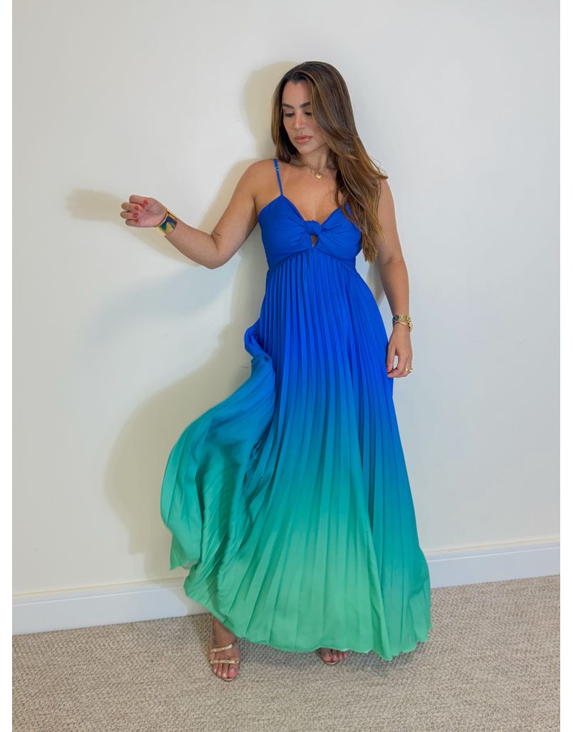 Vestido Decote Plissado Degradê Azul