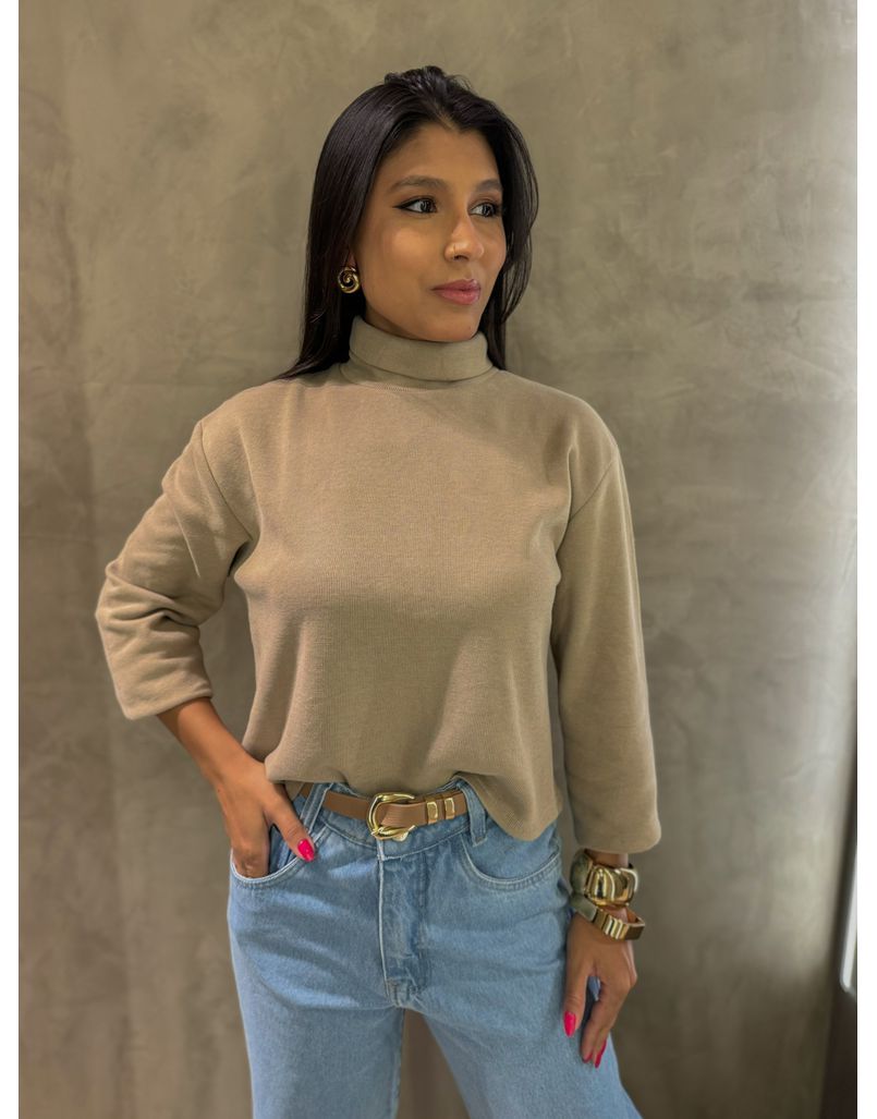 Blusa Canelada Gola Alta Areia