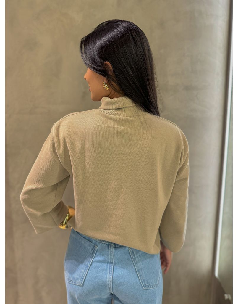 Blusa Canelada Gola Alta Areia