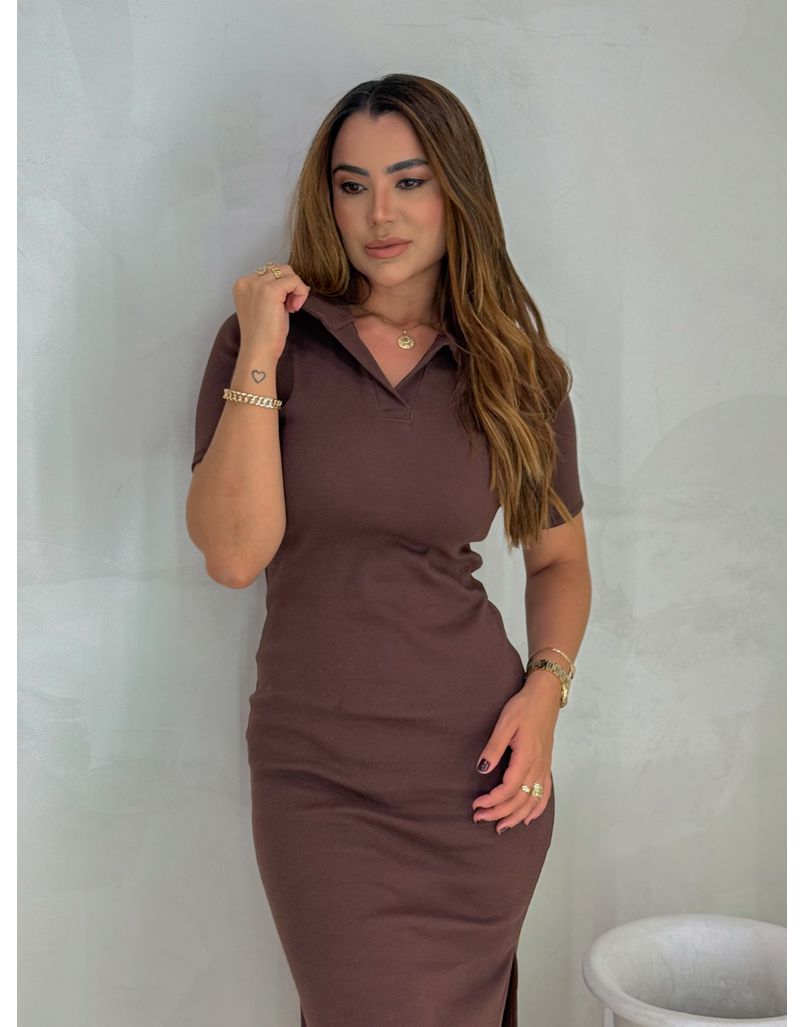 Vestido Canelado Gola Polo Café 