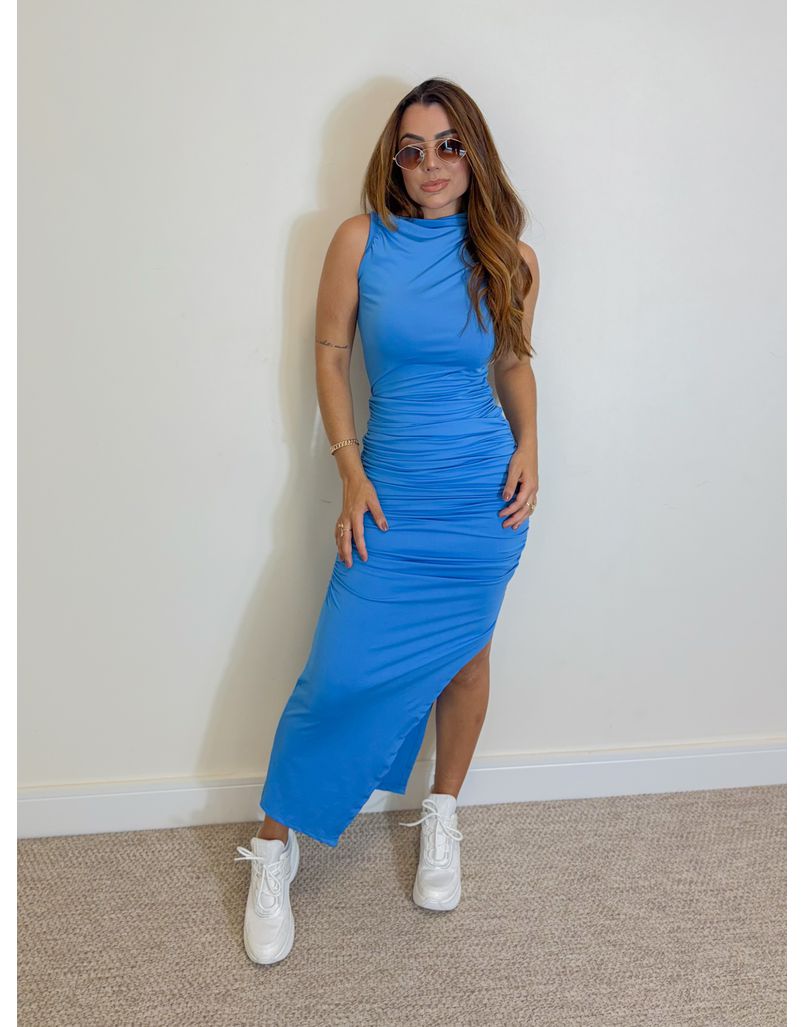 Vestido Midi Franzido Suplex Azul - Loja La Mina 
