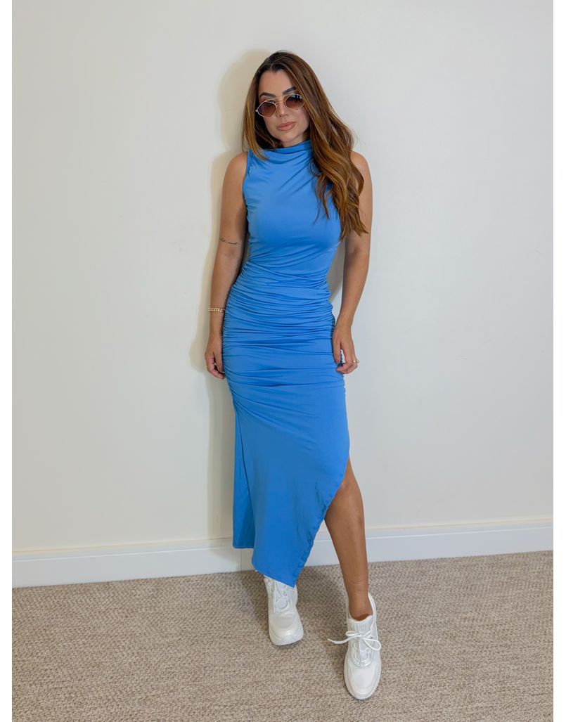 Vestido Midi Franzido Suplex Azul