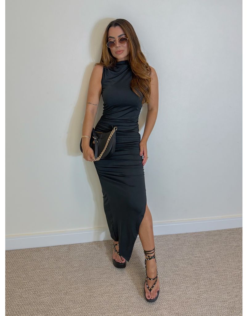Vestido Midi Franzido Suplex Preto