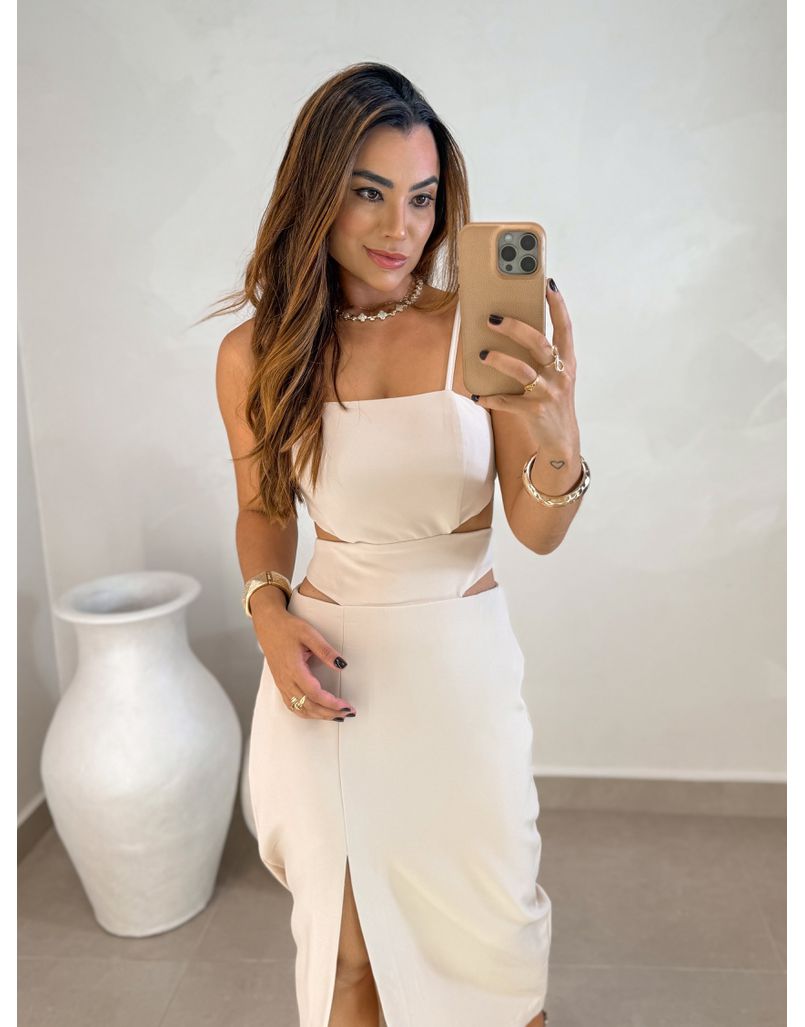 Vestido Midi Fenda Nancy Areia
