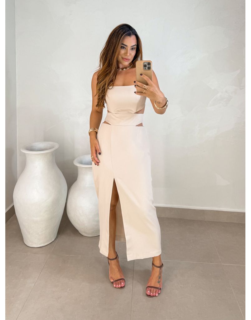 Vestido Midi Fenda Nancy Areia