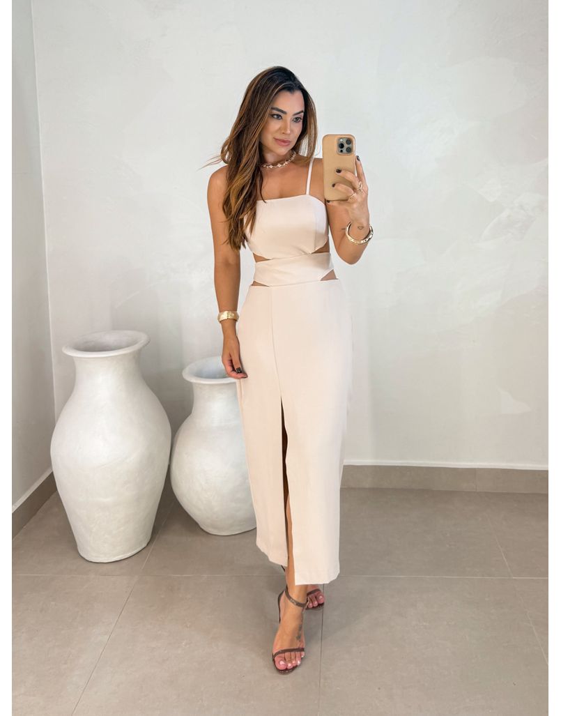 Vestido Midi Fenda Nancy Areia