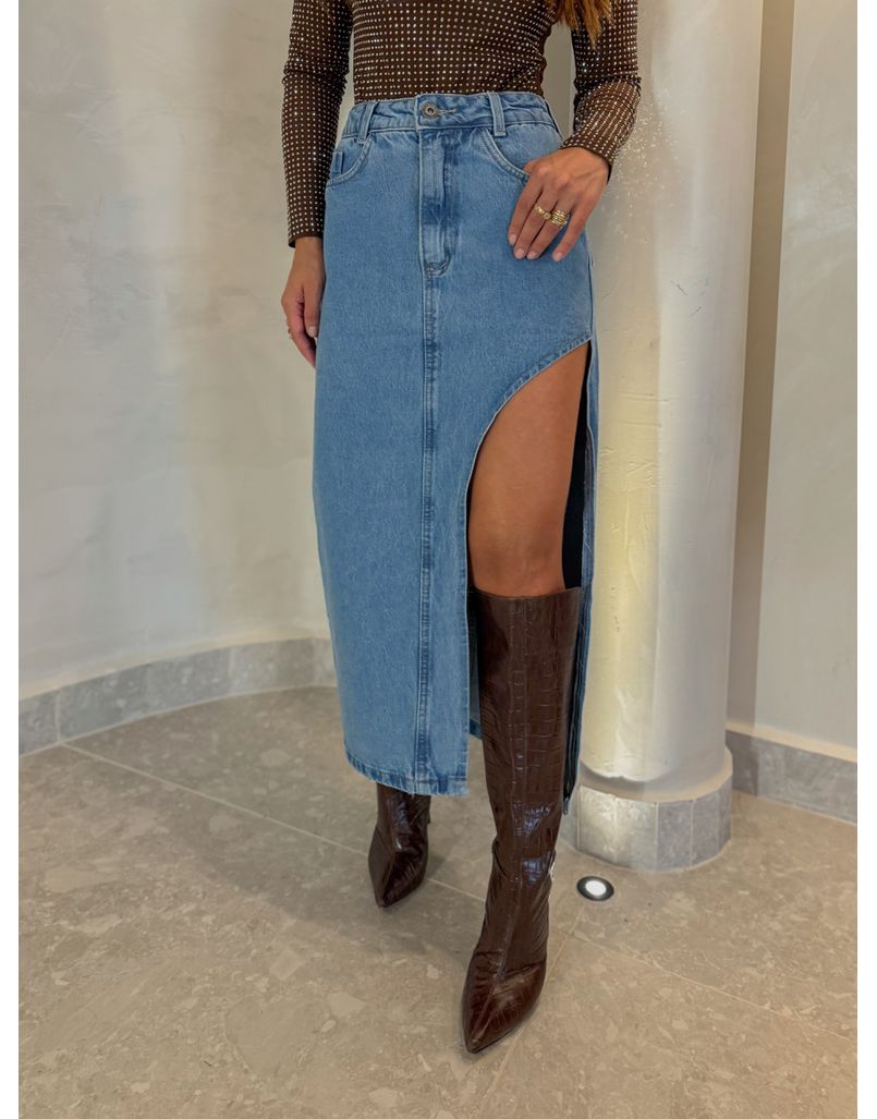 Saia Midi Fenda Jeans - Loja La Mina 