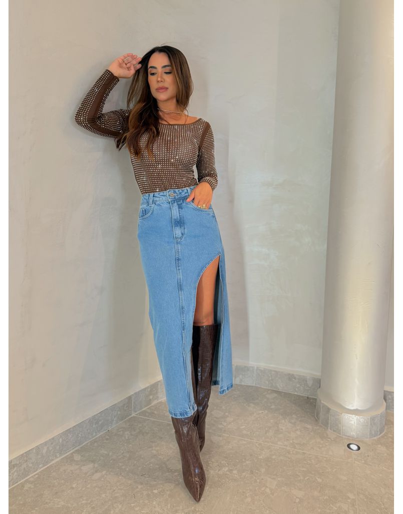 Saia Midi Fenda Jeans