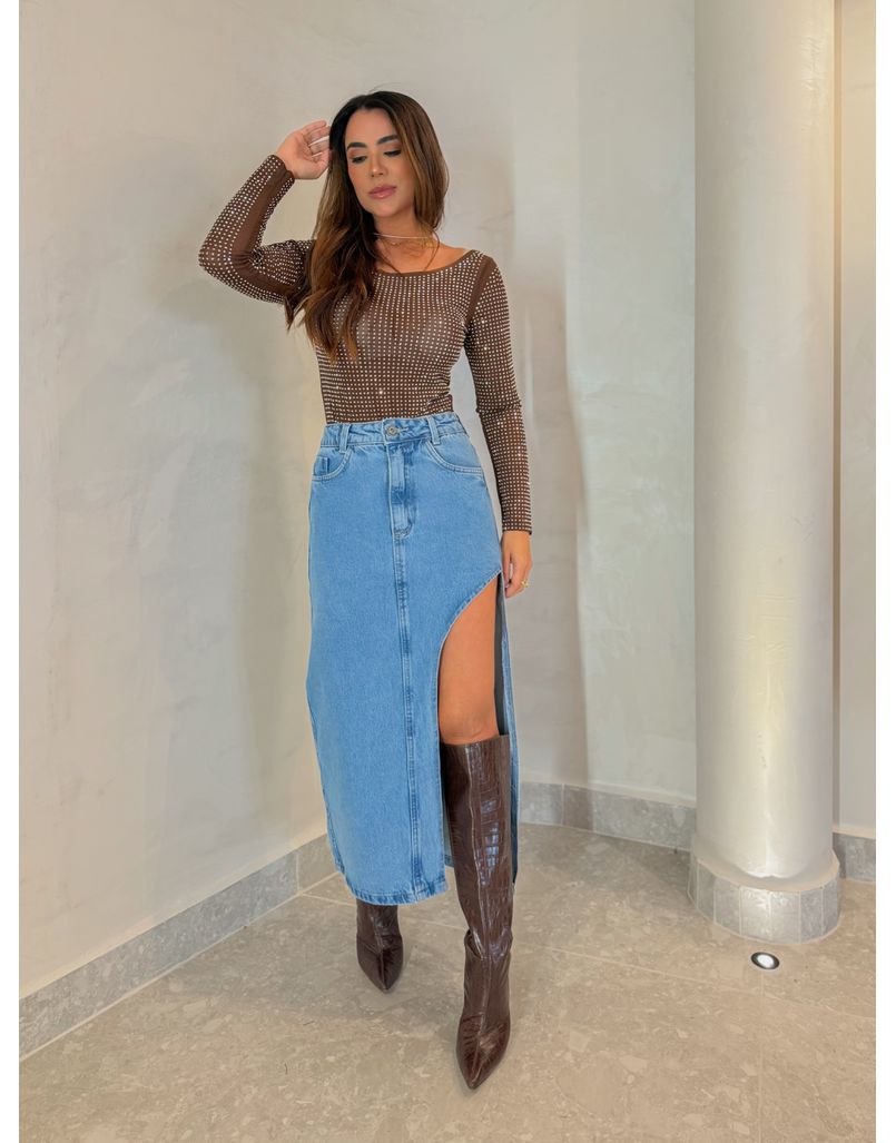 Saia Midi Fenda Jeans
