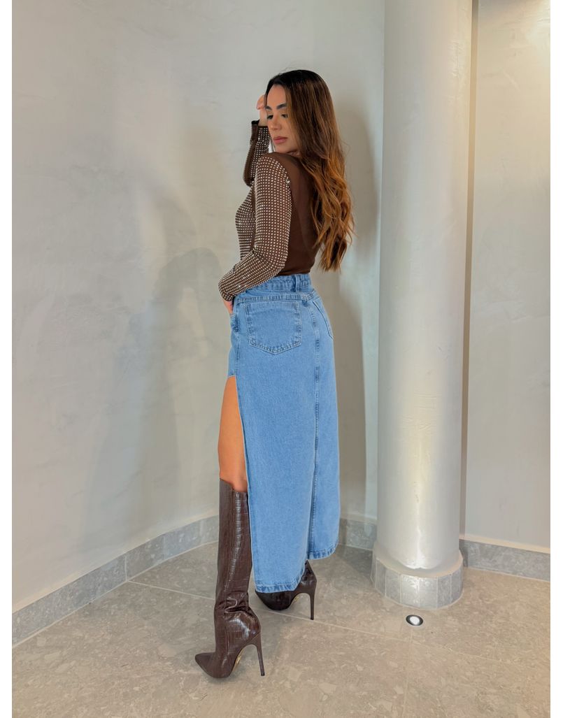 Saia Midi Fenda Jeans