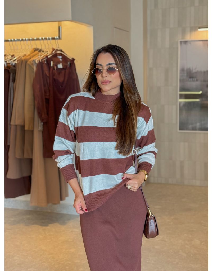 Suéter Tricot Listrado Café