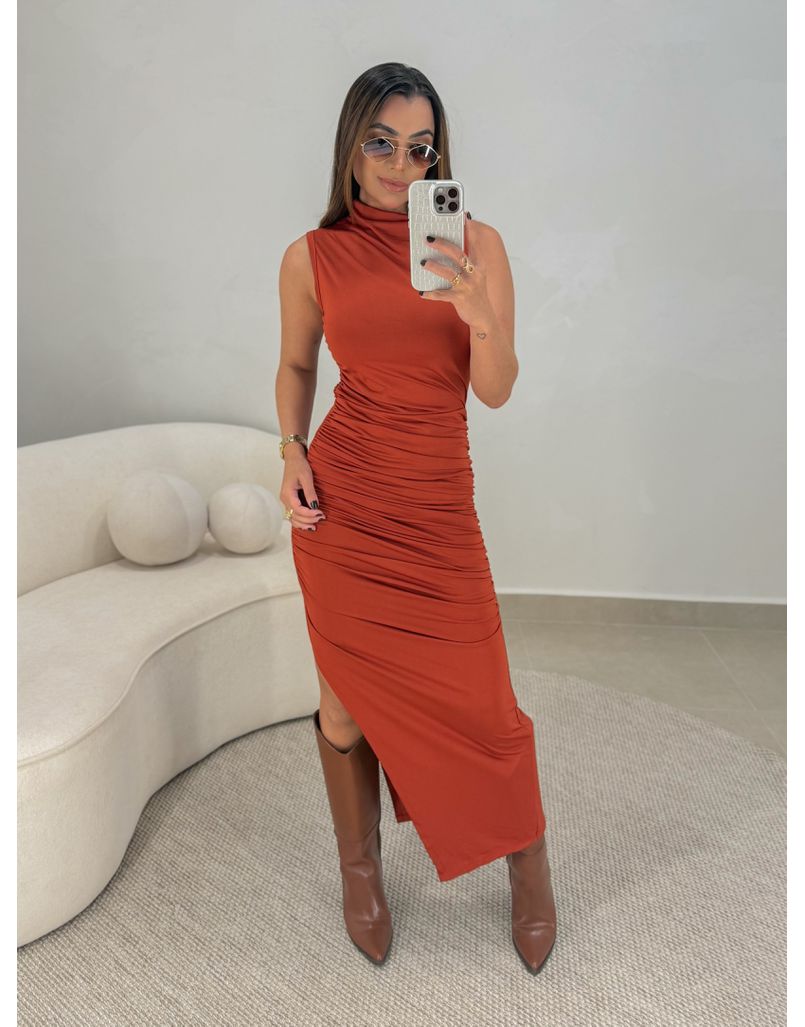 Vestido Midi Franzido Suplex Telha - Loja La Mina 