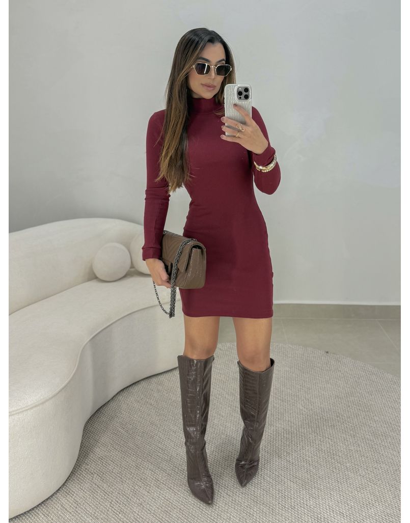 Vestido Canelado Manga Longa Alemanha Cereja