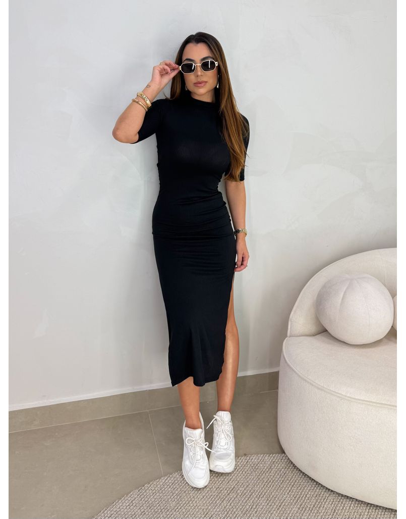 Vestido Canelado Cléo Preto