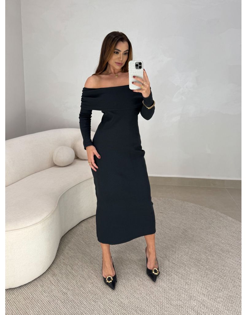 Vestido Canelado Ombro a Ombro Preto