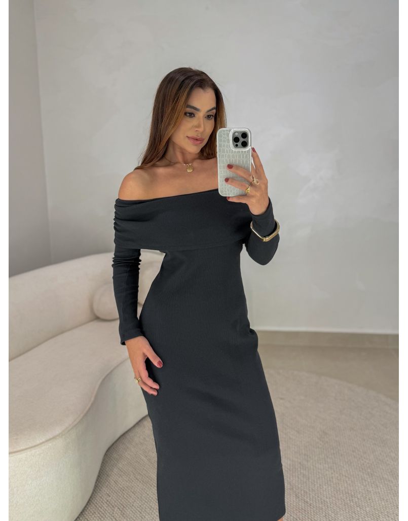 Vestido Canelado Ombro a Ombro Preto