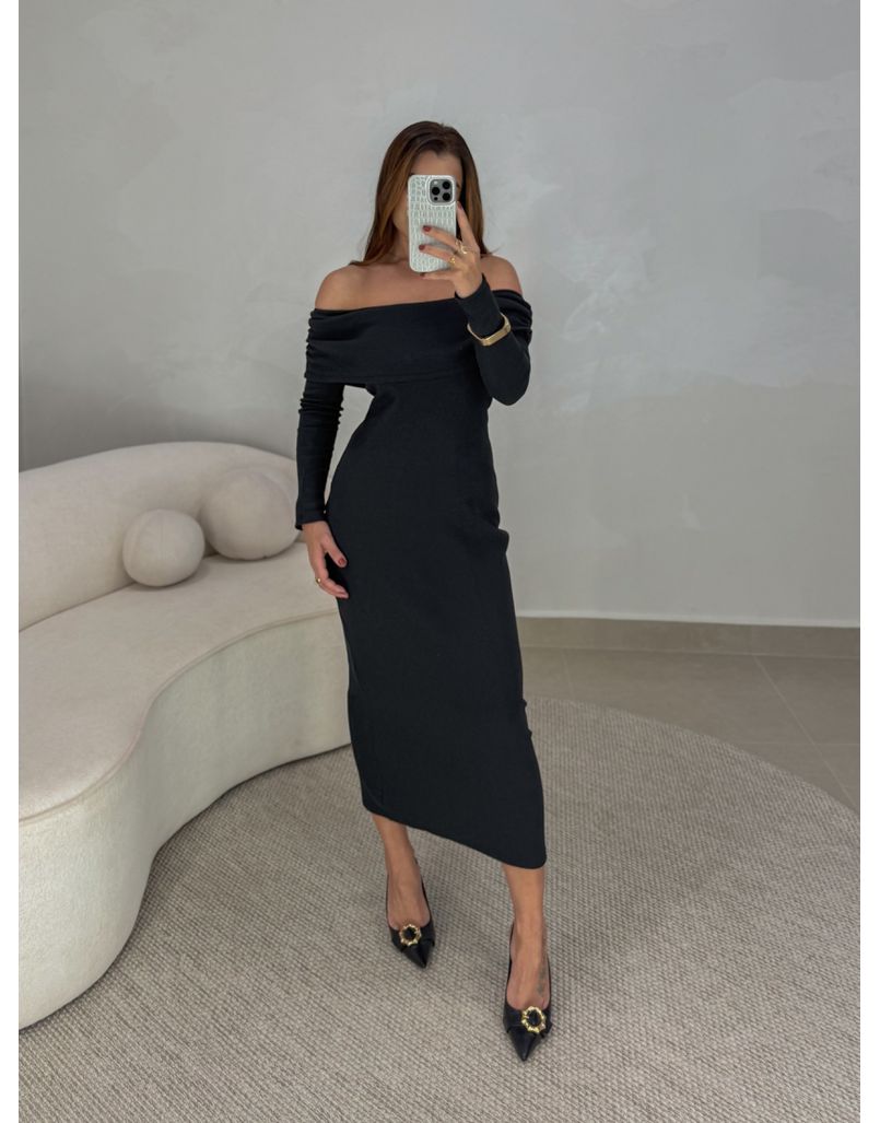 Vestido Canelado Ombro a Ombro Preto