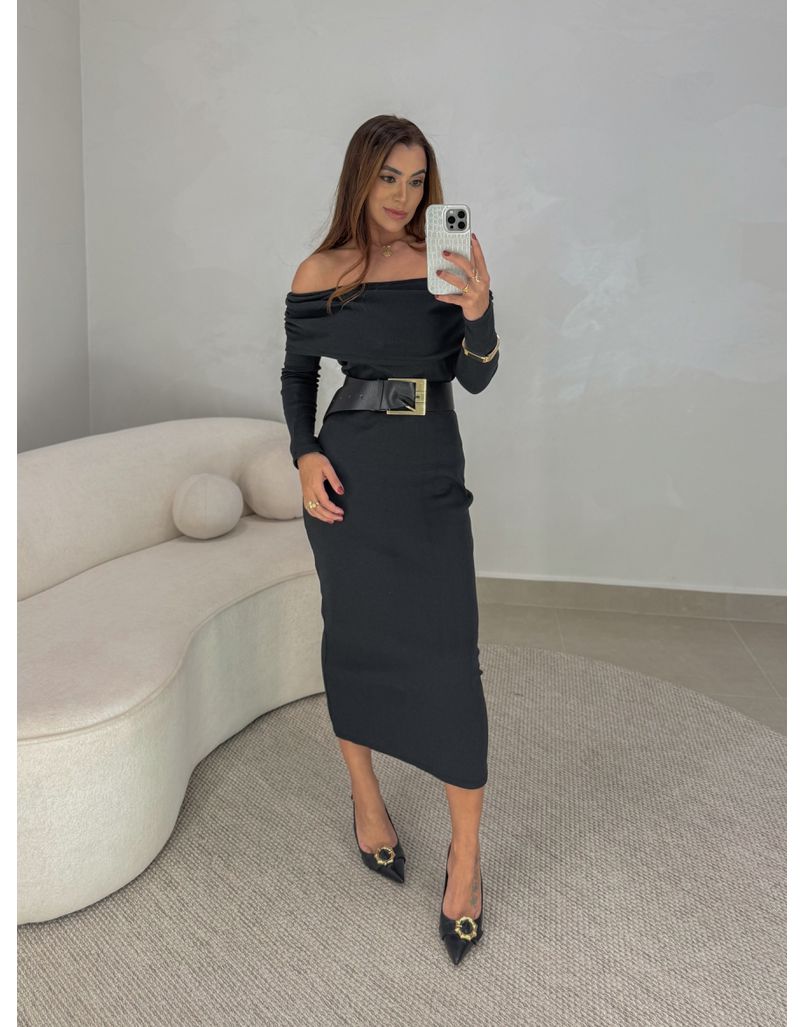 Vestido Canelado Ombro a Ombro Preto