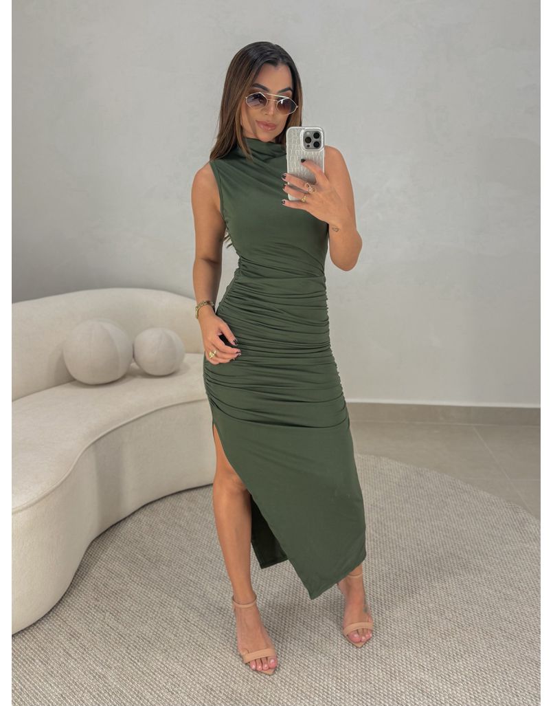 Vestido Midi Franzido Suplex Militar - Loja La Mina 
