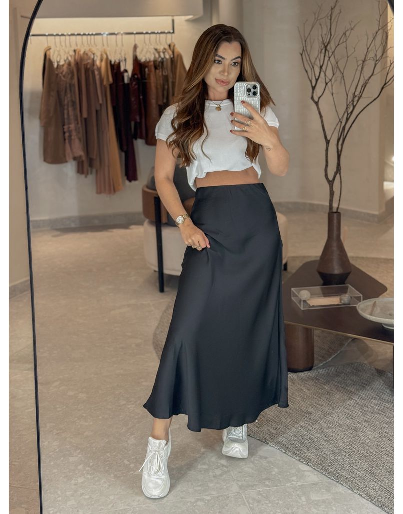 Saia Midi Cetim Lauane Preto