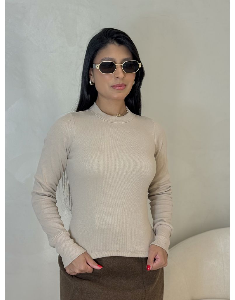 Blusa Manga Longa Canelada Areia