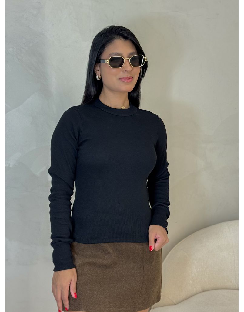 Blusa Manga Longa Canelada Preta - Loja La Mina 