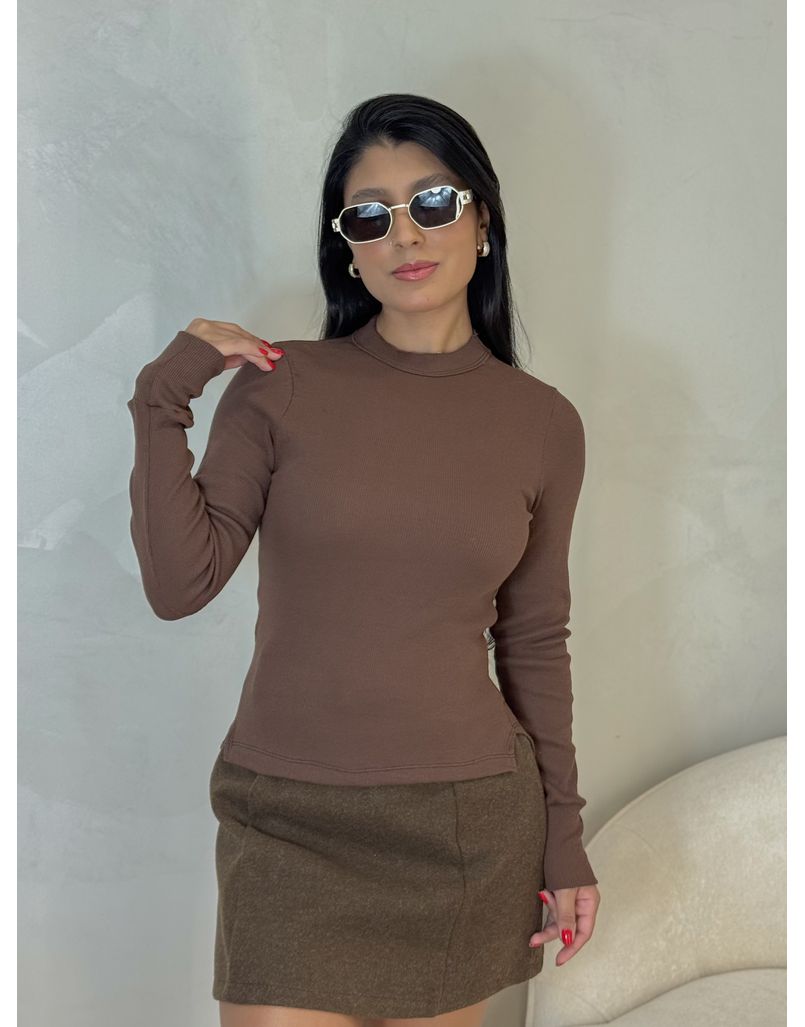 Blusa Manga Longa Canelada Café - Loja La Mina 