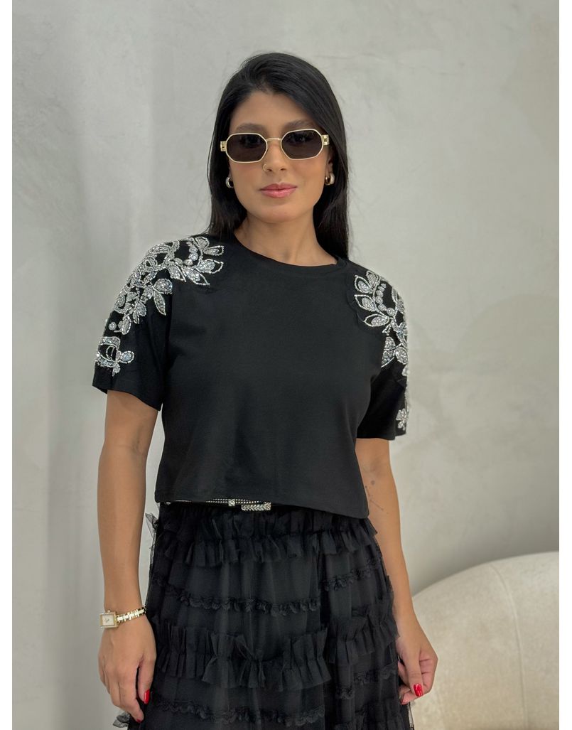 Blusa Bordada Strass Preta - Loja La Mina 