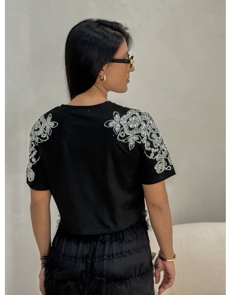 Blusa Bordada Strass Preta