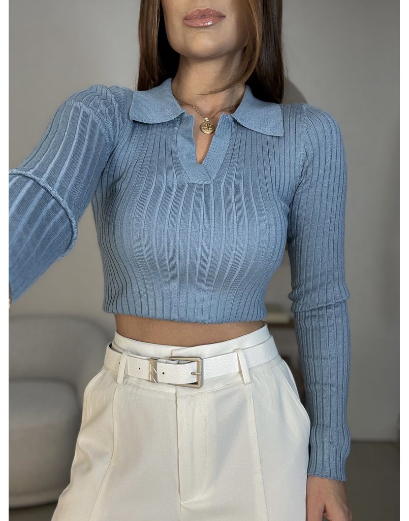 Blusa Tricot Gola Polo Azul - Loja La Mina 