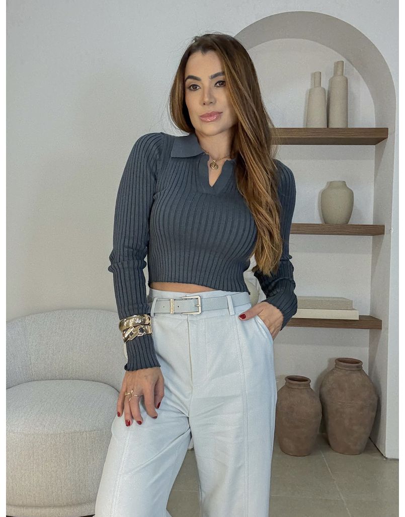 Blusa Tricot Gola Polo Azul Petróleo