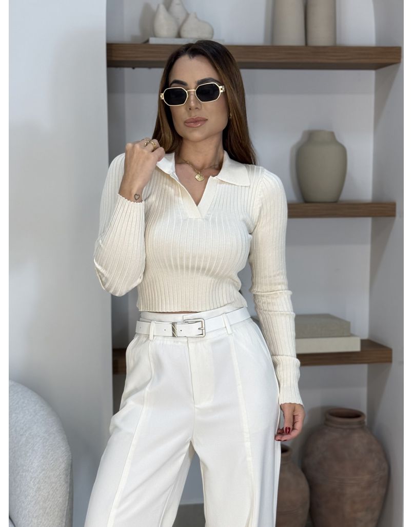 Blusa Tricot Gola Polo Areia