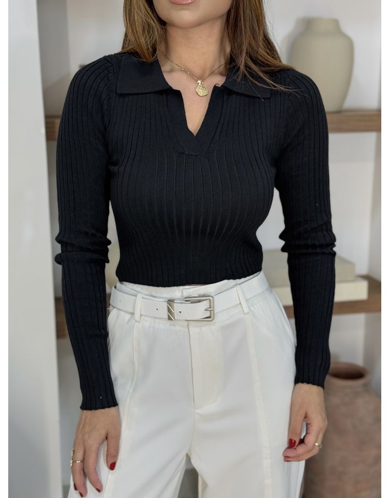 Blusa Tricot Gola Polo Preta - Loja La Mina 
