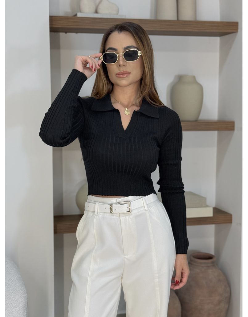Blusa Tricot Gola Polo Preta