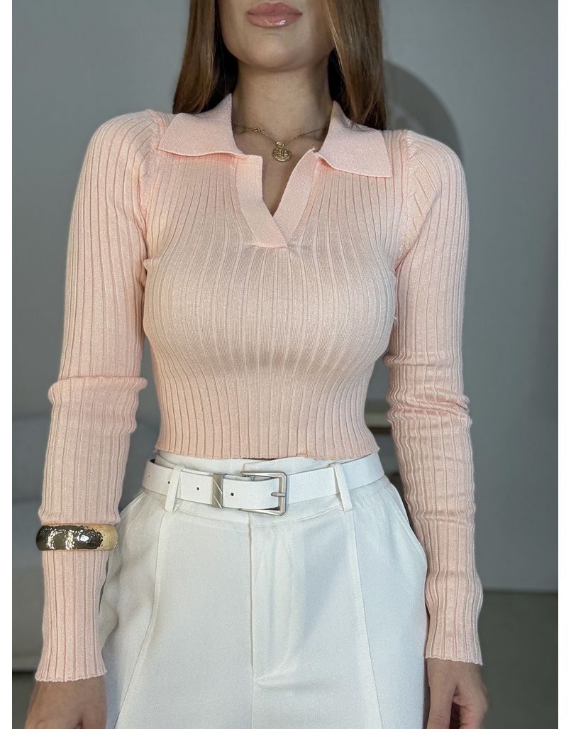 Blusa Tricot Gola Polo Salmão - Loja La Mina 