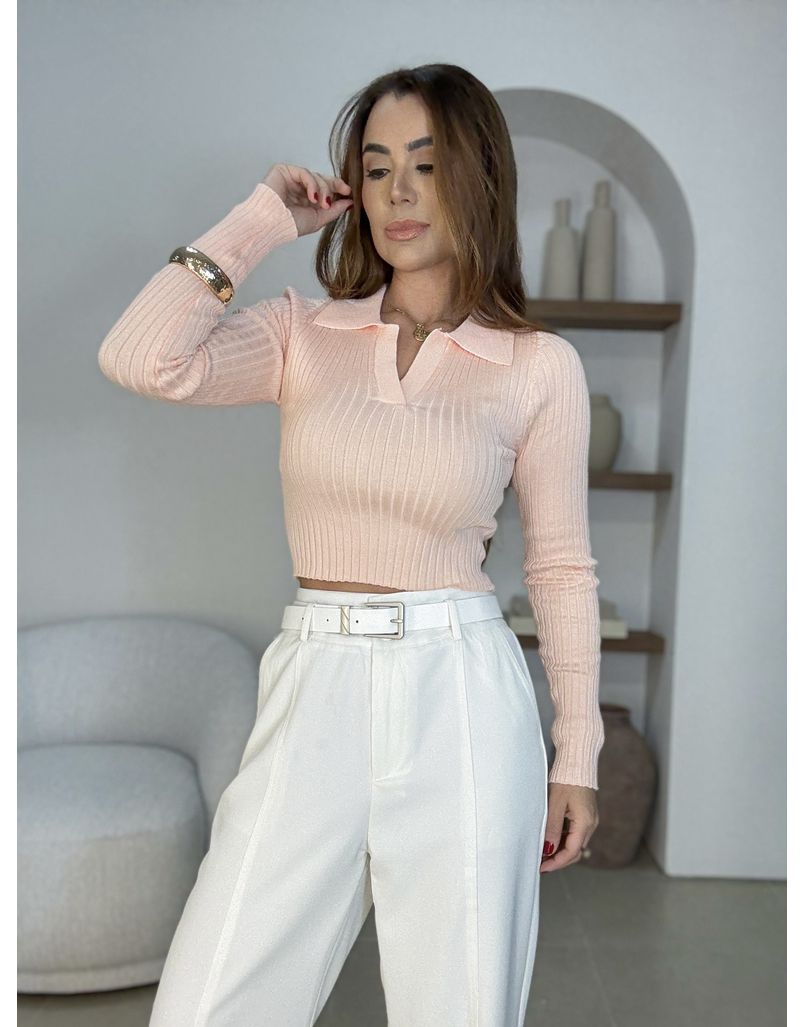 Blusa Tricot Gola Polo Salmão