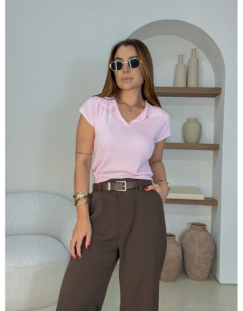 Blusa Manguinha Gola Polo Rosa