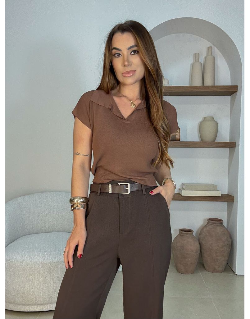 Blusa Manguinha Gola Polo Café 