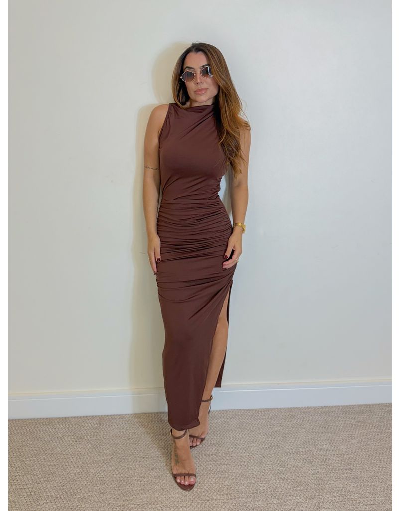 Vestido Midi Franzido Suplex Café - Loja La Mina 