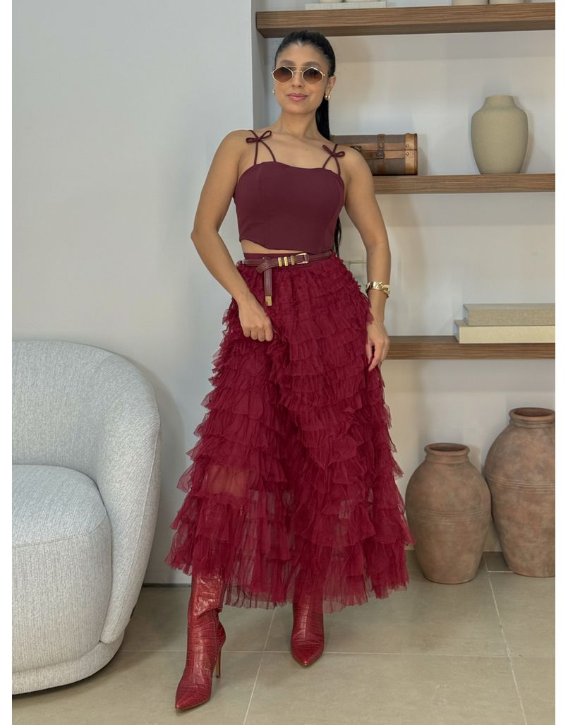 Saia Midi Tule Polônia Cherry