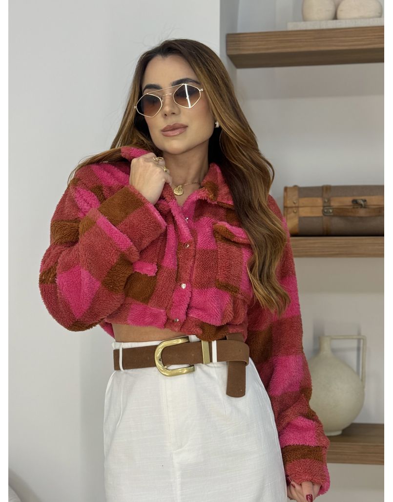 Jaqueta Cropped Xadrez Rosa - Loja La Mina 