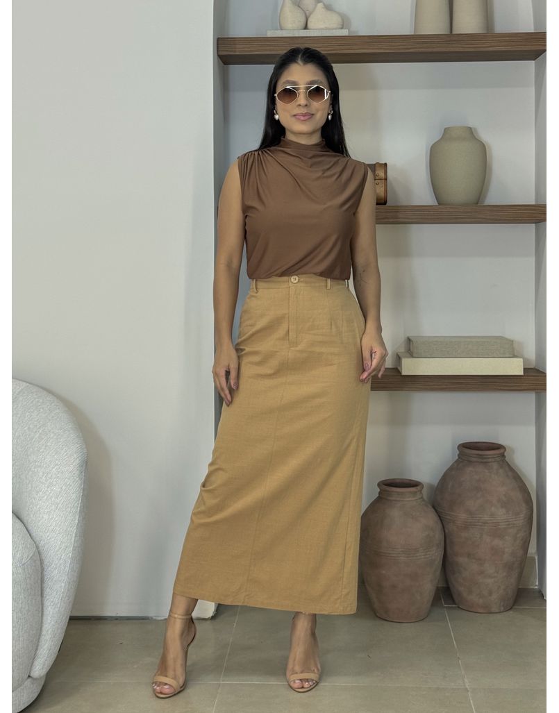 Saia Midi Linho Daiane Caramelo