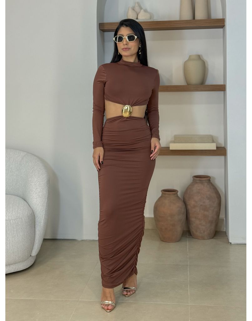 Vestido Midi Abertura Suplex Café - Loja La Mina 