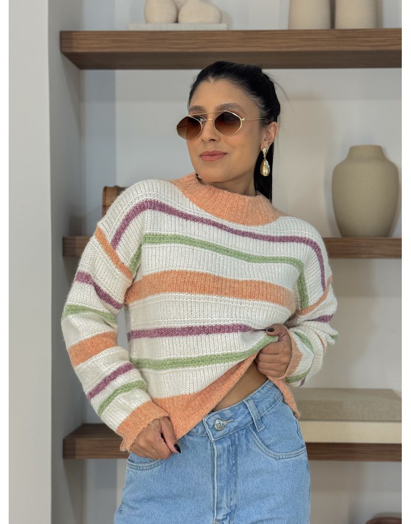 Suéter Tricot Listrado Laranja - Loja La Mina 