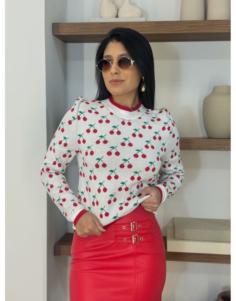 Blusa Tricot Cereja Branca - Loja La Mina 