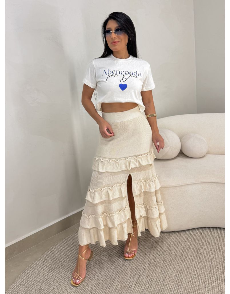 Saia Midi Tricot Babado Areia
