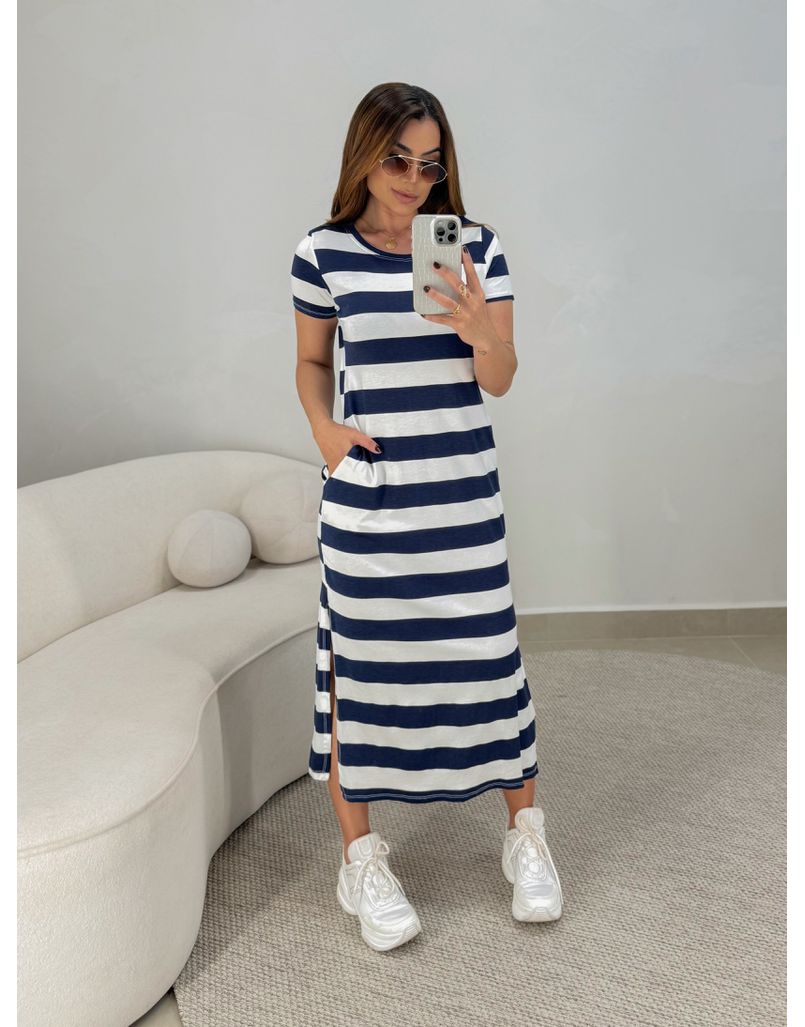 Vestido Malu Listrado Marinho - Loja La Mina 
