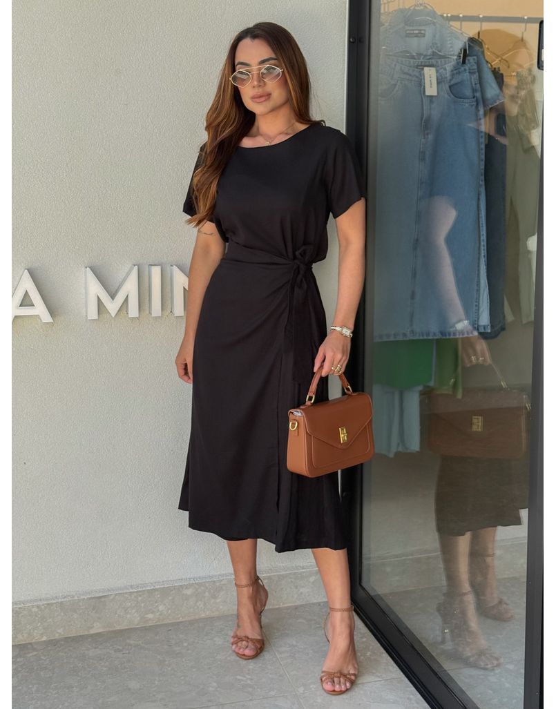 Vestido Linho Manguinha Amara Preto - Loja La Mina 