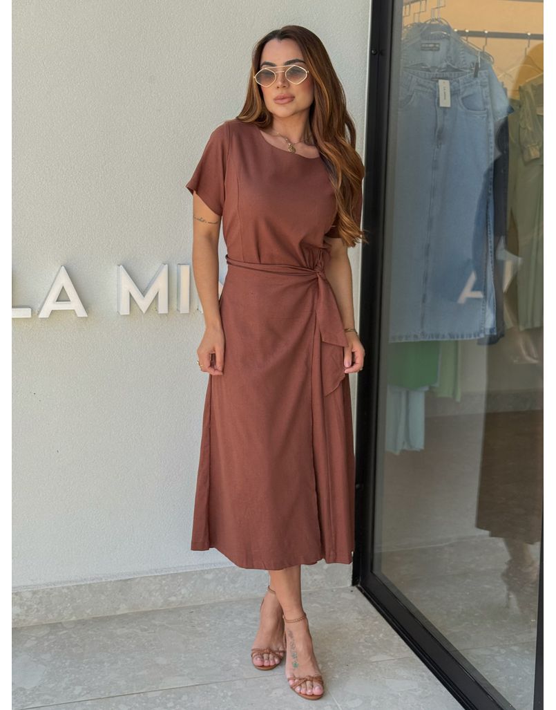 Vestido Linho Manguinha Amara Café - Loja La Mina 