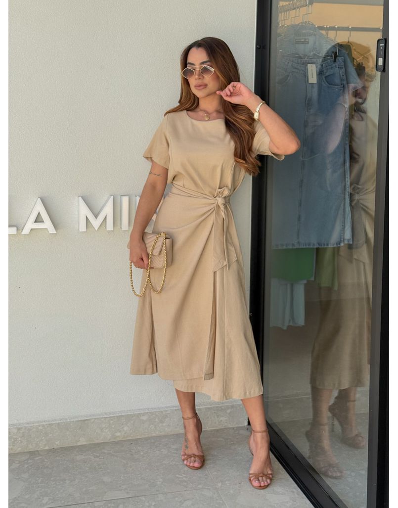 Vestido Linho Manguinha Amara Areia - Loja La Mina 